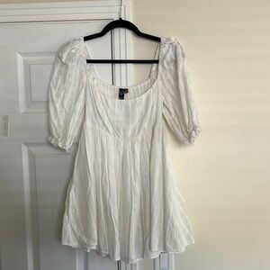 Windsor White Puff Sleeve Mini Dress with Ruffled Peplum